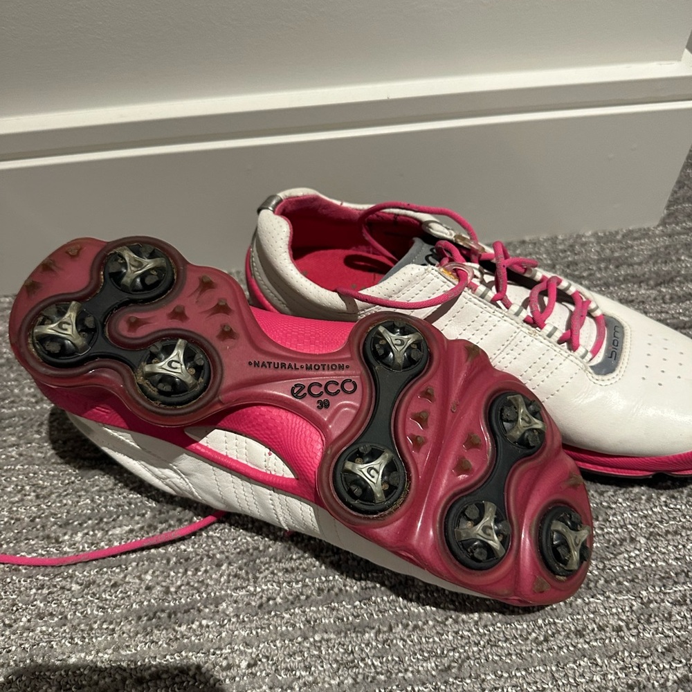 Ecco White and Pink Spiked Golf Shoes